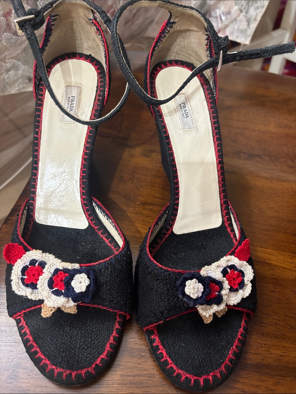 Prada Black Open-Toe Crochet-Trim Heels with Red and Cream Floral Accents